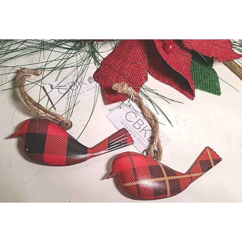 NWT Midwest CBK Metal Set Of 2 Plaid Bird  Christmas Ornaments 2 sided Farmhouse